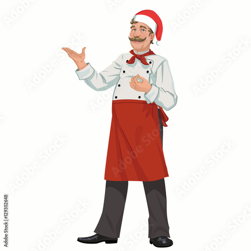 Christmas Happy Chef.Christmas Happy cheerful Chef in a red cap
 presenting