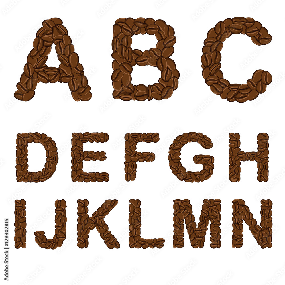 Alphabet of coffee from A to N. Isolated objects on white. Alphabet of coffee from A to N. Isolated objects on white.
