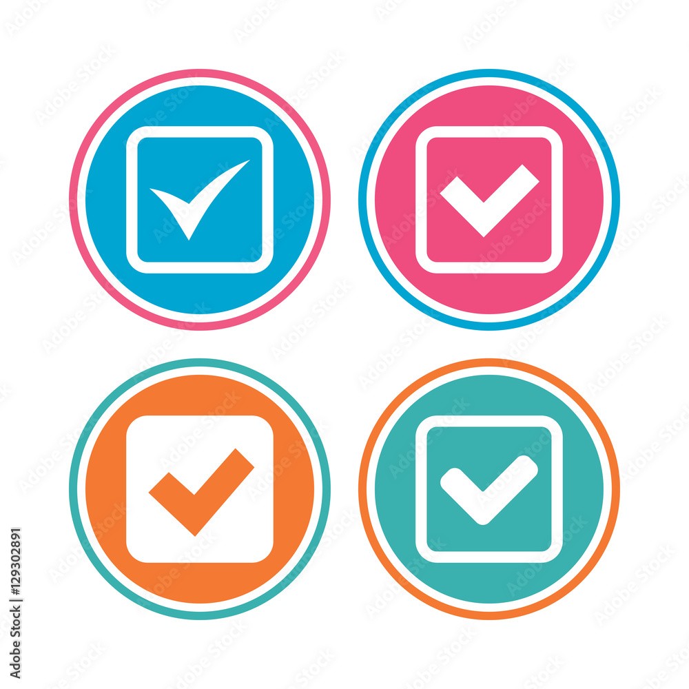 Check icons. Checkbox confirm squares sign symbols. Colored circle buttons. Vector Check icons. Checkbox confirm squares sign symbols. Colored circle buttons. Vector