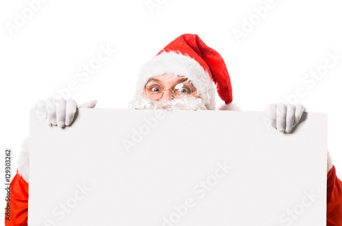 Santa Claus with blank billboard, isolated on white background