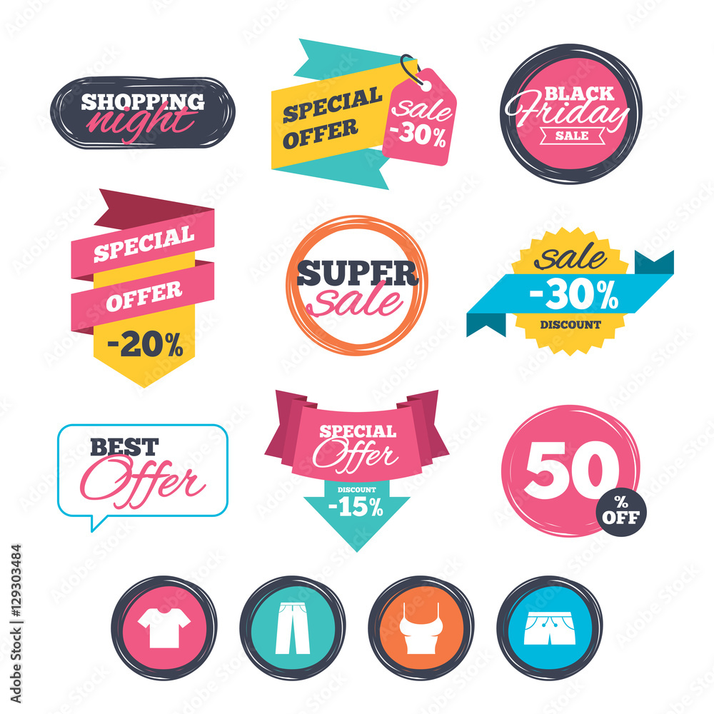 Sale stickers, online shopping. Clothes icons. T-shirt and pants with shorts signs. Swimming trunks symbol. Website badges. Black friday. Vector