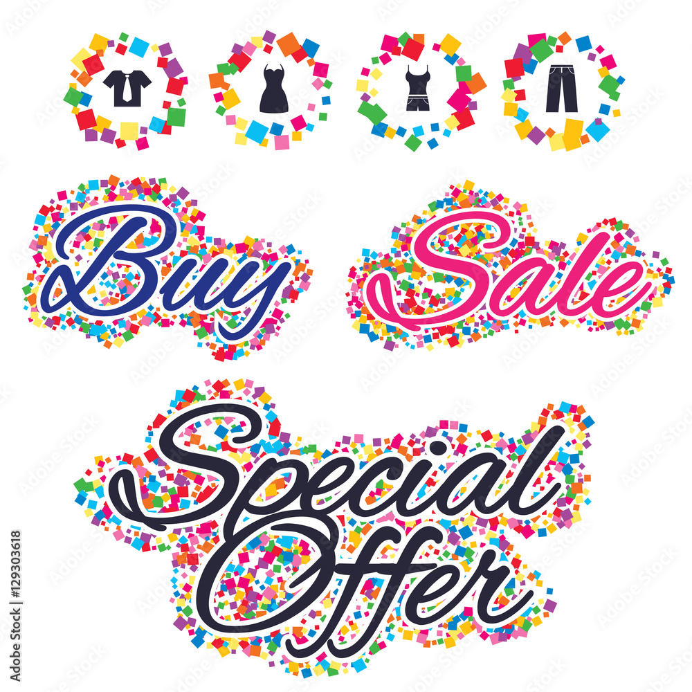 Obraz premium Sale confetti labels and banners. Clothes icons. T-shirt with business tie and pants signs. Women dress symbol. Special offer sticker. Vector