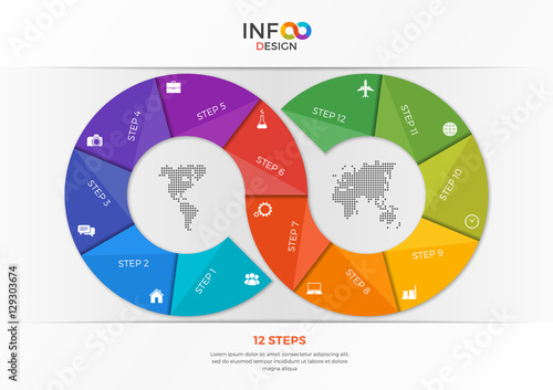 Infographic template in the form of the infinity sign with 12 steps