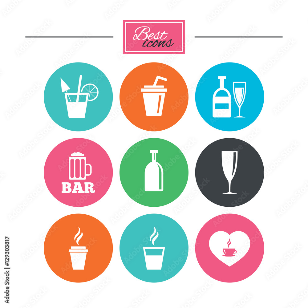 Beer, coffee and tea icons. Beer, wine and cocktail signs. Soft and alcohol drinks symbols. Colorful flat buttons with icons. Vector Beer, coffee and tea icons. Beer, wine and cocktail signs. Soft and alcohol drinks symbols. Colorful flat buttons with icons. Vector