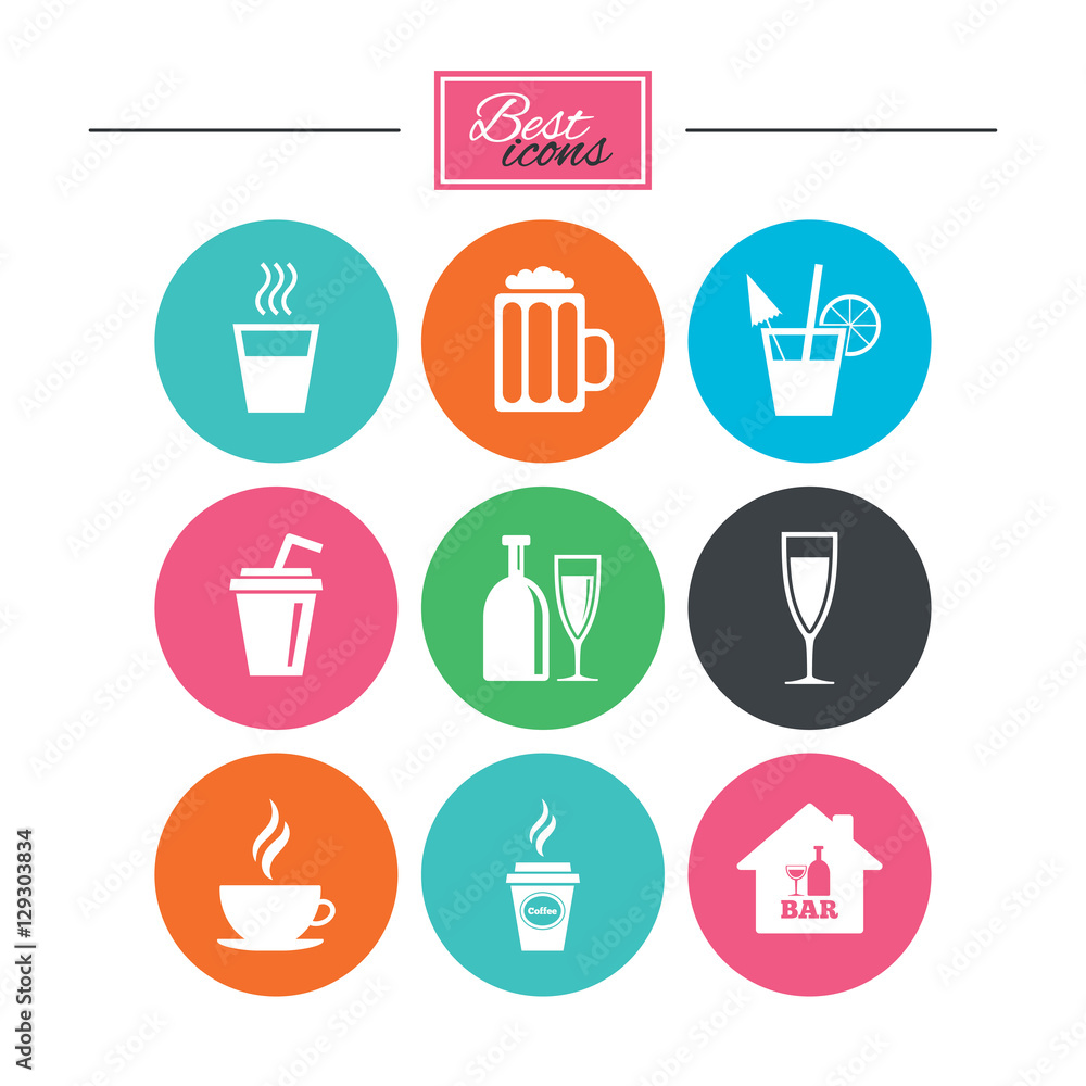 Cocktail, beer icons. Coffee and tea drinks. Soft and alcohol drinks symbols. Colorful flat buttons with icons. Vector Cocktail, beer icons. Coffee and tea drinks. Soft and alcohol drinks symbols. Colorful flat buttons with icons. Vector