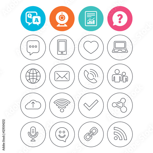 Communication icons. Smartphone, laptop and speech bubble symbols. Wi-fi and Rss. Online love dating, mail and globe thin outline signs. Report document, question and answer icons. Web camera sign