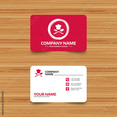 Business card template with texture. Chef hat sign icon. Cooking symbol. Cooks hat with fork and spoon. Phone, web and location icons. Visiting card  Vector