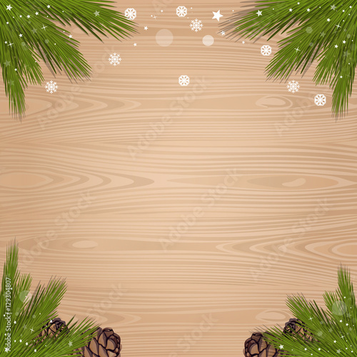 Fir branches with cones on a wooden background. Christmas background. New Year Frame  for your design. Vector illustration