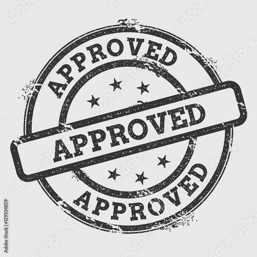 Approved rubber stamp isolated on white background. Grunge round seal with text, ink texture and splatter and blots, vector illustration.