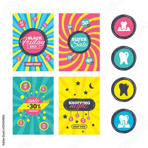 Sale website banner templates. Dental care icons. Caries tooth sign. Tooth endosseous implant symbol. Parodontosis gingivitis sign. Ads promotional material. Vector