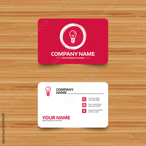 Business card template with texture. Light bulb icon. Lamp E14 screw socket symbol. Illumination sign. Phone, web and location icons. Visiting card  Vector