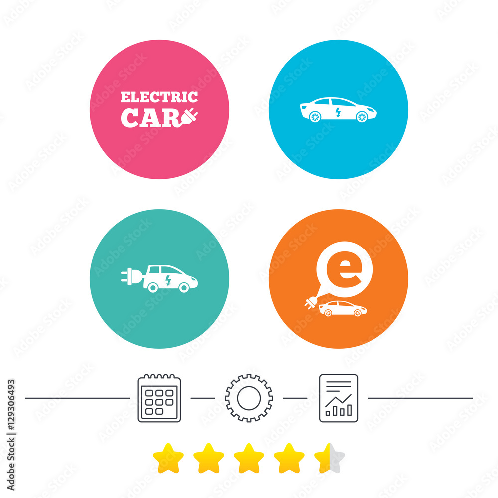 Electric car icons. Sedan and Hatchback transport symbols. Eco fuel vehicles signs. Calendar, cogwheel and report linear icons. Star vote ranking. Vector Electric car icons. Sedan and Hatchback transport symbols. Eco fuel vehicles signs. Calendar, cogwheel and report linear icons. Star vote ranking. Vector