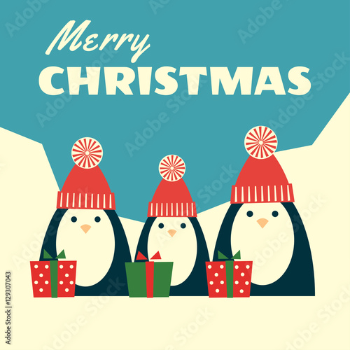 Vector retro styled illustration of three penguins in red knit hats with pompoms standing near gift boxes. Polar landscape on the background, text "Merry Christmas". Square format.
