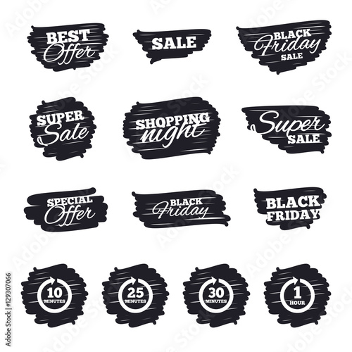 Ink brush sale stripes and banners. Every 10, 25, 30 minutes and 1 hour icons. Full rotation arrow symbols. Iterative process signs. Black friday. Ink stroke. Vector