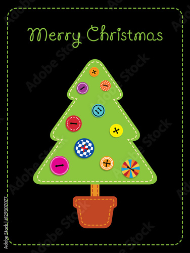 Greeting card with text. Vector illustration imitating fabric applique. Christmas tree in a pot, decorated with clothing buttons. Vertical format, black background. 