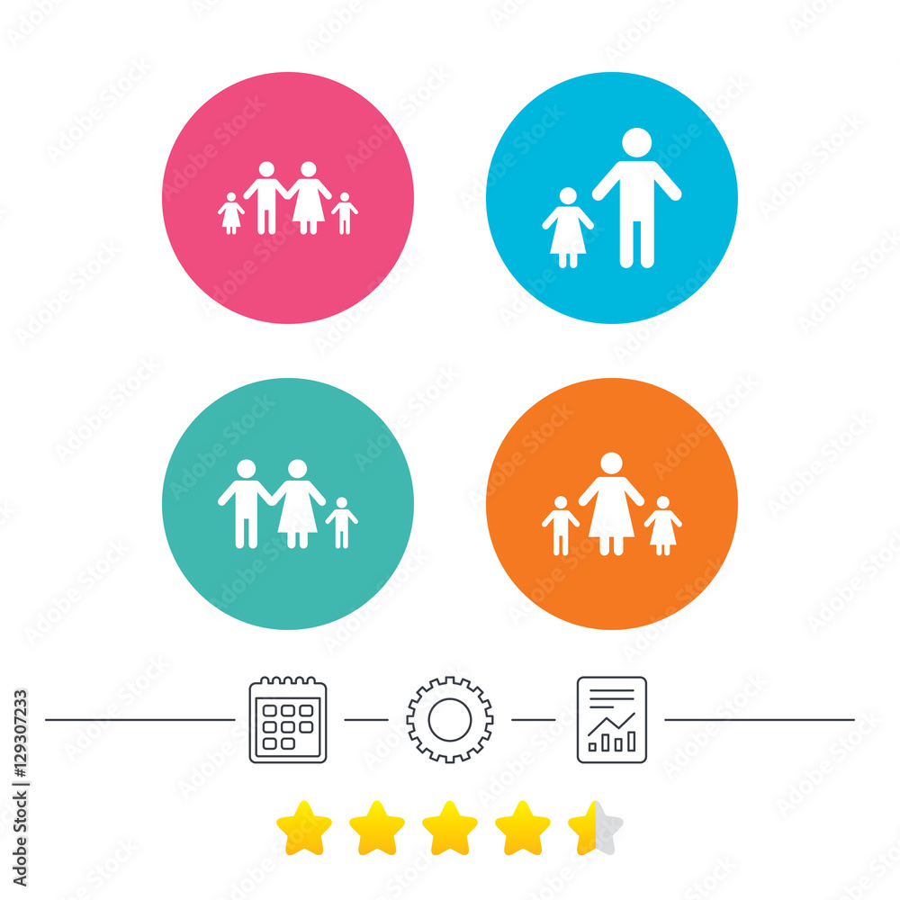 Family with two children icon. Parents and kids symbols. One-parent family signs. Mother and father divorce. Calendar, cogwheel and report linear icons. Star vote ranking. Vector Family with two children icon. Parents and kids symbols. One-parent family signs. Mother and father divorce. Calendar, cogwheel and report linear icons. Star vote ranking. Vector