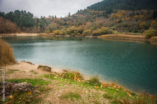 Autumn landscape with green waters of lake Tsivlos, Peloponnese, photo