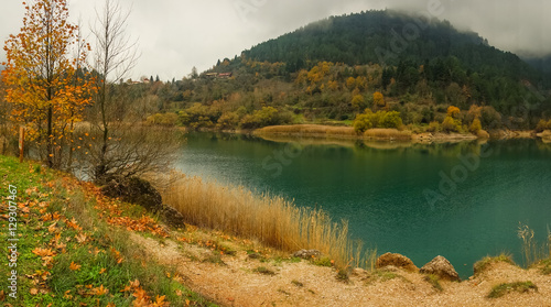 Autumn landscape with green waters of lake Tsivlos, Peloponnese, photo