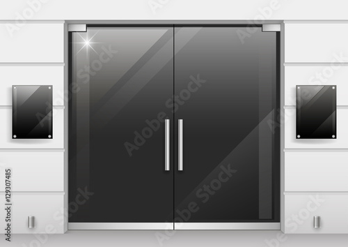 Double doors of black glass entrance to the store or office. Vector graphics