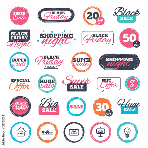 Sale shopping stickers and banners. For sale icons. Real estate selling signs. Home house symbol. Website badges. Black friday. Vector