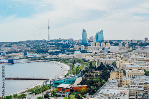 Fototapeta Baku cityscape with Flame Towers view in Baku, Azerbaijan