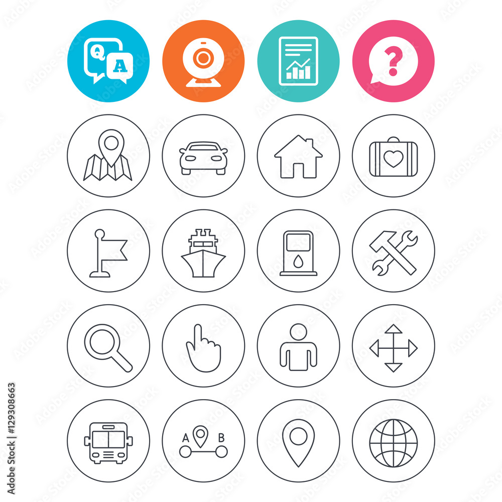 GPS navigation icons. Car, Bus and Ship transport. You are here, map pointer symbols. Search gas or petrol stations, hotels. A to B distance. Report document, question and answer icons. Vector GPS navigation icons. Car, Bus and Ship transport. You are here, map pointer symbols. Search gas or petrol stations, hotels. A to B distance. Report document, question and answer icons. Vector