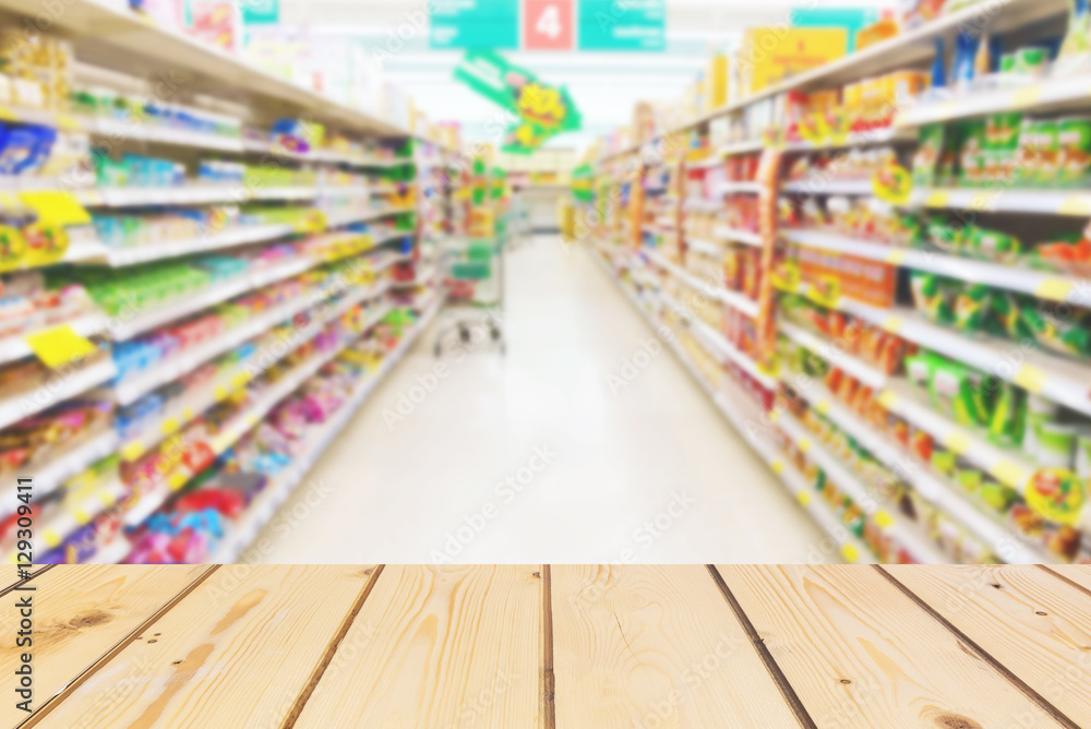 Wooden board empty table in front of blurred background. Perspective brown wood over store or supermarket concept sell product  for mock up  display or montage your products, vintage. 