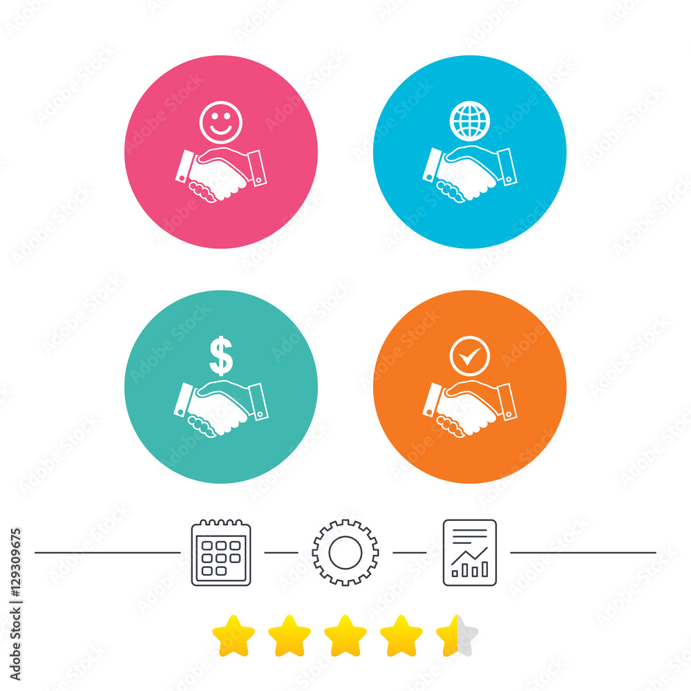 Handshake icons. World, Smile happy face and house building symbol. Dollar cash money. Amicable agreement. Calendar, cogwheel and report linear icons. Star vote ranking. Vector