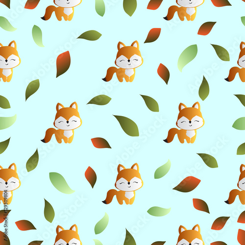 seamless pattern with smiling red fox and green leaves on a turquoise background 