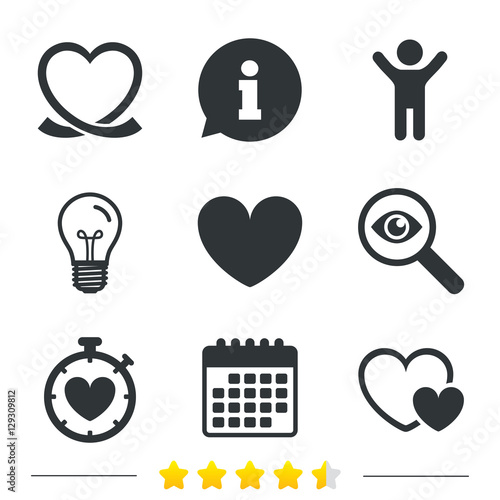 Heart ribbon icon. Timer stopwatch symbol. Love and Heartbeat palpitation signs. Information, light bulb and calendar icons. Investigate magnifier. Vector
