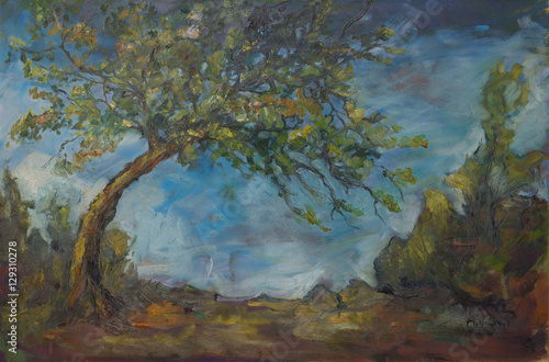 Fototapeta Naklejka Na Ścianę i Meble -  Mine pear tree / Dark and natural mixture of colors painting, oil on canvas, 60x80cm, Teresa Murányi colorist, modern, expressionist and abstract painter works