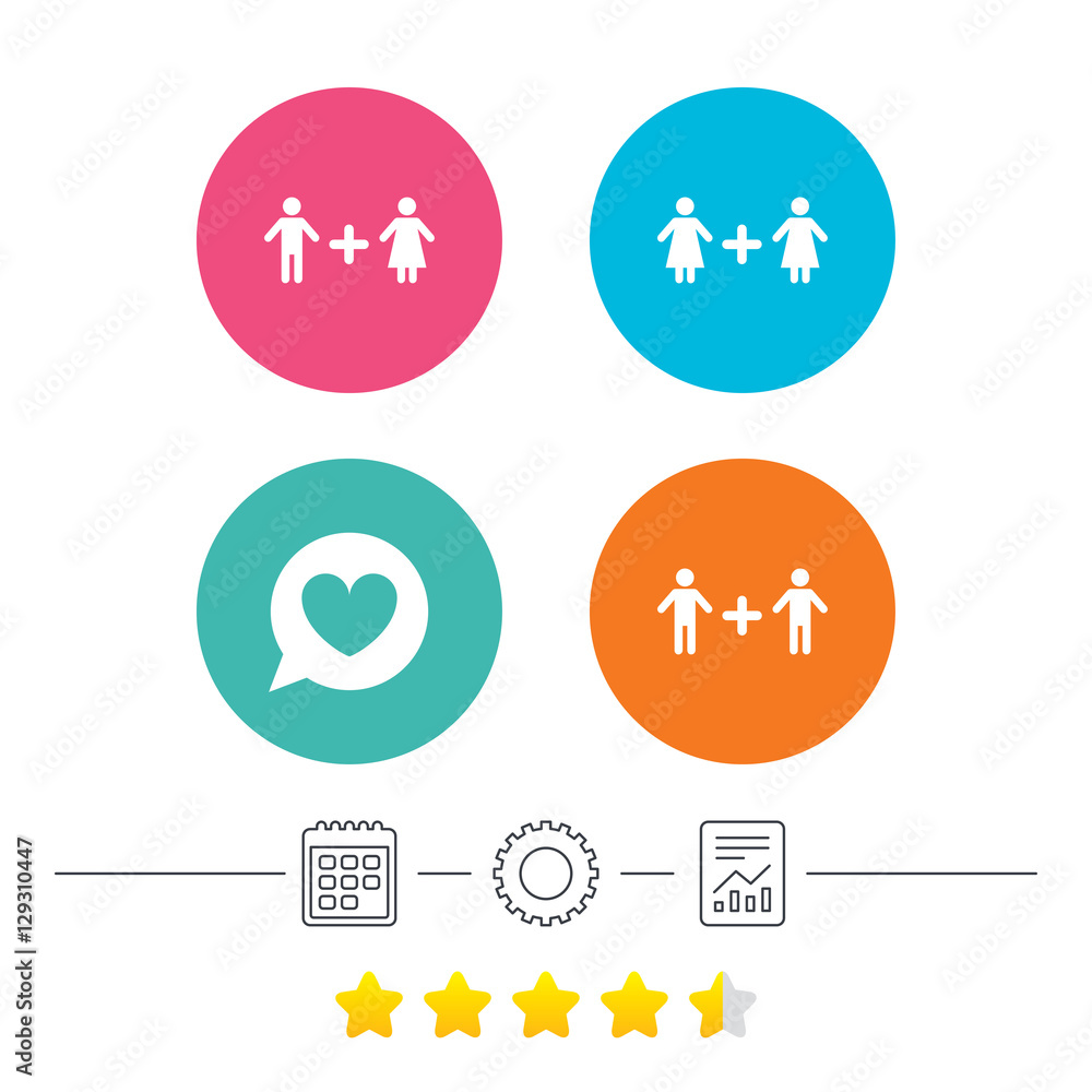Couple love icon. Lesbian and Gay lovers signs. Romantic homosexual relationships. Speech bubble with heart symbol. Calendar, cogwheel and report linear icons. Star vote ranking. Vector Couple love icon. Lesbian and Gay lovers signs. Romantic homosexual relationships. Speech bubble with heart symbol. Calendar, cogwheel and report linear icons. Star vote ranking. Vector