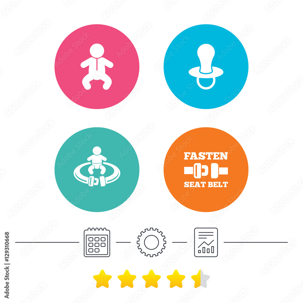 Baby infants icons. Toddler boy with diapers symbol. Fasten seat belt signs. Child pacifier and pram stroller. Calendar, cogwheel and report linear icons. Star vote ranking. Vector Baby infants icons. Toddler boy with diapers symbol. Fasten seat belt signs. Child pacifier and pram stroller. Calendar, cogwheel and report linear icons. Star vote ranking. Vector