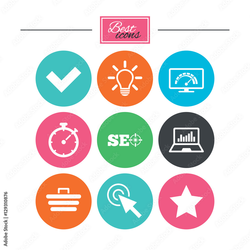 Internet, seo icons. Bandwidth speed, online shopping and tick signs. Favorite star, notebook chart symbols. Colorful flat buttons with icons. Vector Internet, seo icons. Bandwidth speed, online shopping and tick signs. Favorite star, notebook chart symbols. Colorful flat buttons with icons. Vector