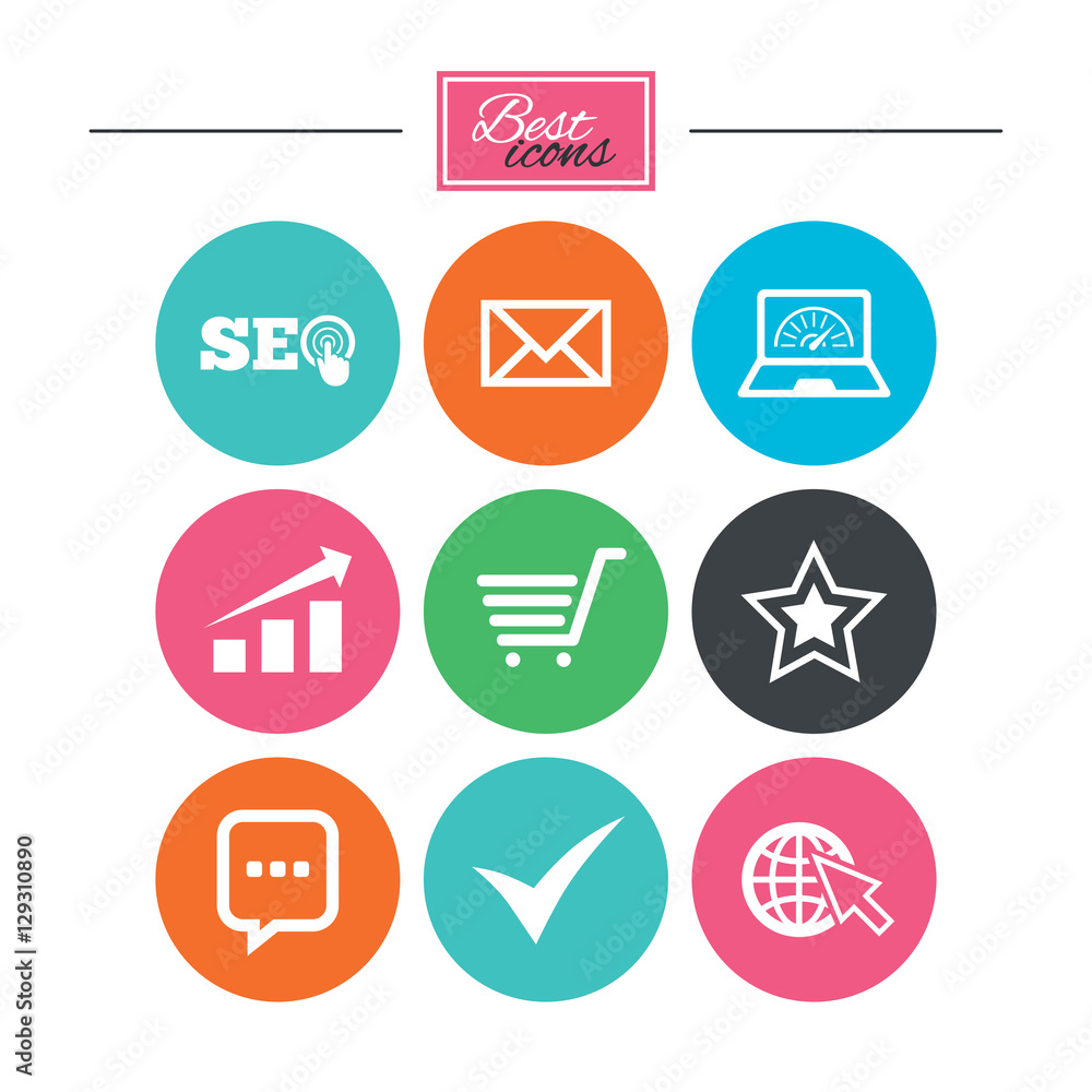 Internet, seo icons. Tick, online shopping and chart signs. Bandwidth, mobile device and chat symbols. Colorful flat buttons with icons. Vector Internet, seo icons. Tick, online shopping and chart signs. Bandwidth, mobile device and chat symbols. Colorful flat buttons with icons. Vector