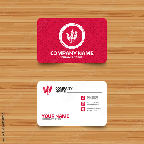 Business card template with texture. Agricultural sign icon. Gluten free or No gluten symbol. Phone, web and location icons. Visiting card  Vector