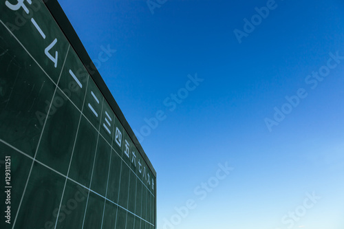 A Japanese baseball scoring board with the clear blue sky. 