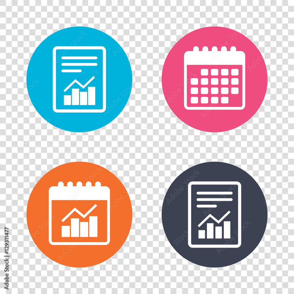 Report document, calendar icons. Graph chart sign icon. Diagram symbol. Statistics. Transparent background. Vector Report document, calendar icons. Graph chart sign icon. Diagram symbol. Statistics. Transparent background. Vector