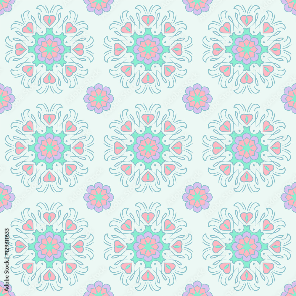 Plakat Seamless pattern with floral mandalas in beautiful colors. Vector background. Perfect for prints, wallpaper, wrapping paper etc.