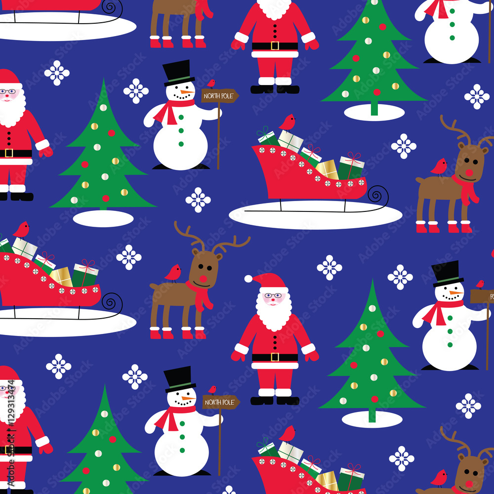 santa sleigh and reindeer on blue