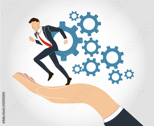 hand holding Businessman running with gear vector