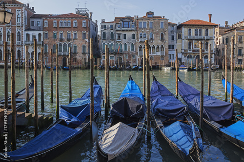 Gondolas anchored at wooden piles on Grand Canal in the Venice 