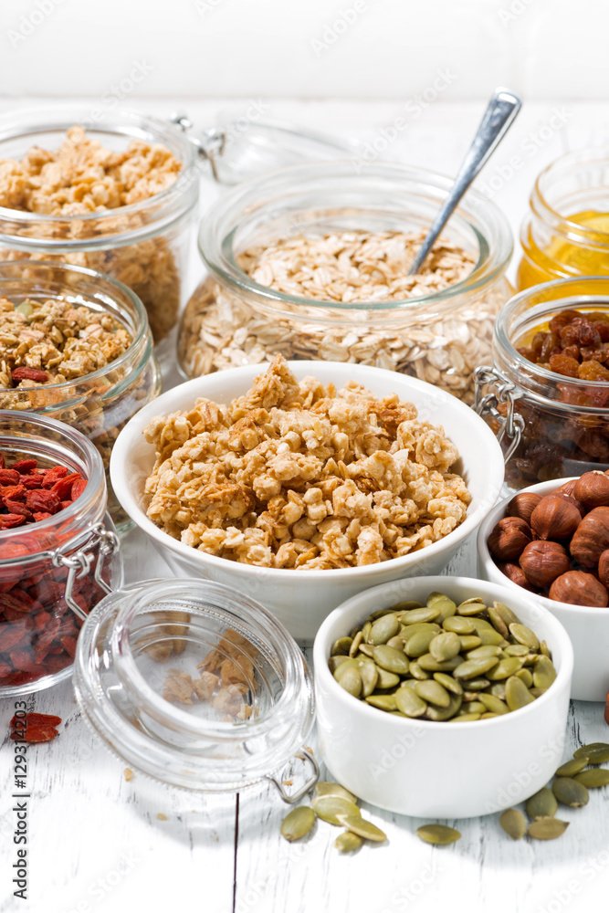 ingredients for breakfast, vertical closeup ingredients for breakfast, vertical closeup
