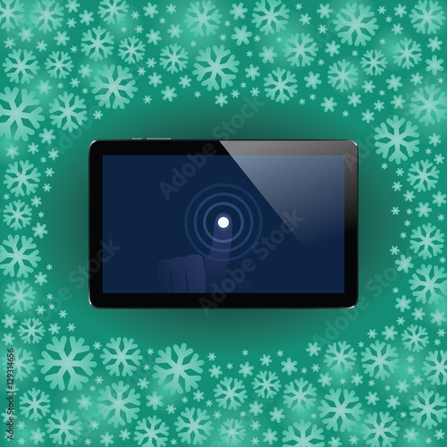 Digital tablet with shiny sensor screen with touch hand. Electronic smart device