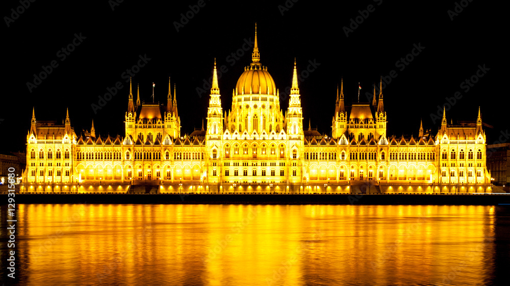 Night panoramic view of illuminated historical building of Hungarian Parliament, aka Orszaghaz, reflected in the water with typical symmetrical architecture and central dome on Danube River embankment