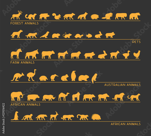 Vector gold set forest and farm animals