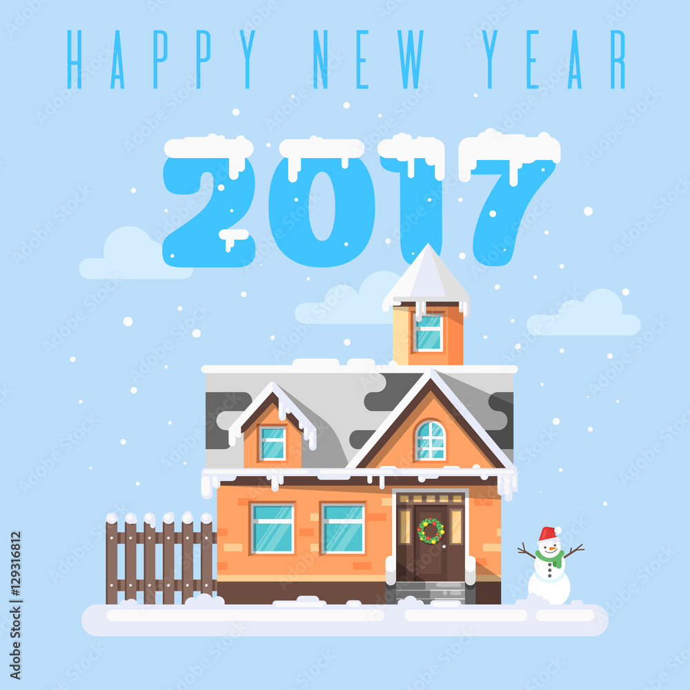 Vector flat style illustration of winter holiday house with snowman.