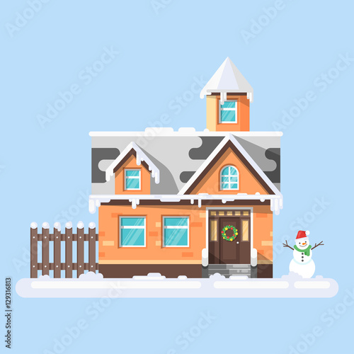 Vector flat style illustration of winter house with snowman. 