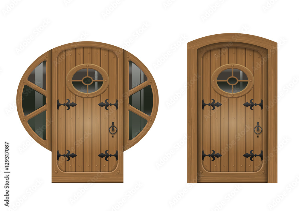 Fototapeta premium Ancient arched doorway from the old board to the oval window. Vector graphics