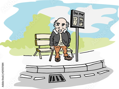 Oude man wacht op de bus bij bushalte